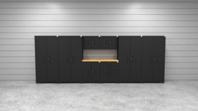 CAT garage storage cabinet set with 4 lockers, 2 wall cabinets, 2 base cabinets and 56 inch worktop
