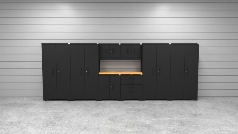 Ensemble d'armoires de rangement pour garage CAT avec 4 casiers, 2 armoires murales, 2 armoires de base et un plan de travail de 56 pouces