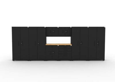 CAT garage storage cabinet set with 4 lockers, 2 wall cabinets, 2 base cabinets and 56 inch worktop