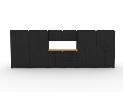 CAT garage storage cabinet set with 4 lockers, 2 wall cabinets, 2 base cabinets and 56 inch worktop
