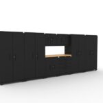 CAT garage storage cabinet set with 4 lockers, 2 wall cabinets, 2 base cabinets and 56 inch worktop