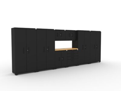 CAT garage storage cabinet set with 4 lockers, 2 wall cabinets, 2 base cabinets and 56 inch worktop