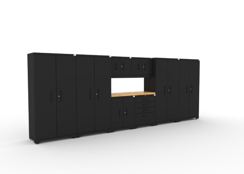 Ensemble d'armoires de rangement pour garage CAT avec 4 casiers, 2 armoires murales, 2 armoires de base et un plan de travail de 56 pouces