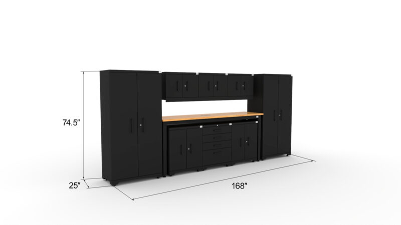 CAT FWSETT dims CAT garage storage cabinet set with 2 lockers, 3 wall cabinets, 3 base cabinets and 96 inch workbench