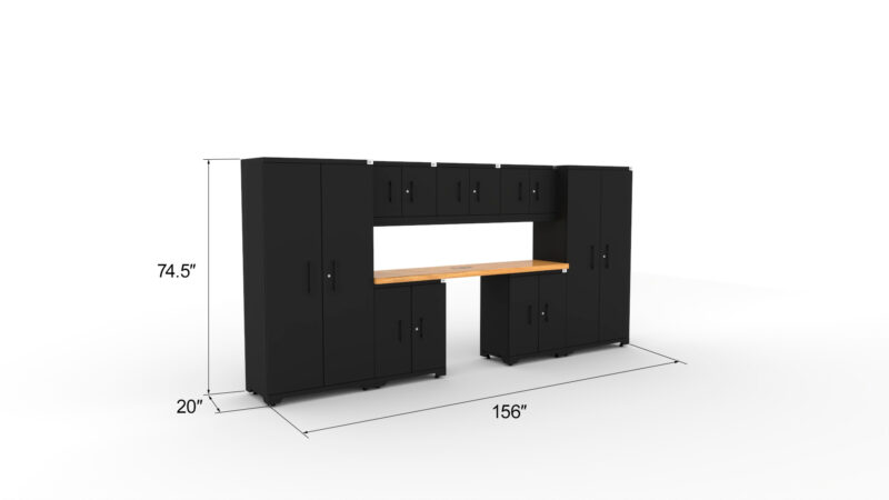 Ensemble de cabinets de rangement pour garage CAT avec 2 casiers, 3 cabinets muraux, 2 cabinets de base et un plan de travail de 84 pouces