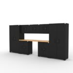 CAT garage storage cabinet set with 2 lockers, 3 wall cabinets, 2 base cabinets and 84 inch worktop