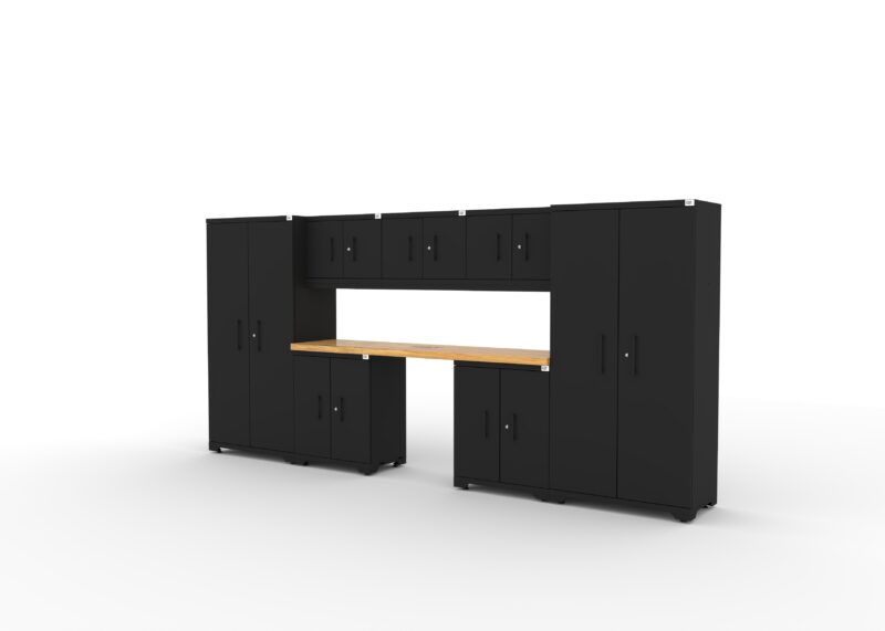 Ensemble de cabinets de rangement pour garage CAT avec 2 casiers, 3 cabinets muraux, 2 cabinets de base et un plan de travail de 84 pouces