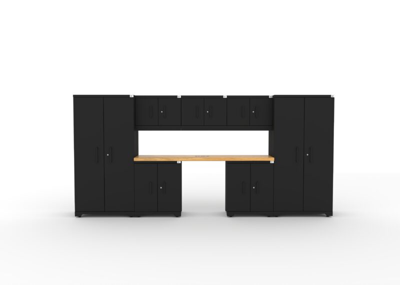 Ensemble de cabinets de rangement pour garage CAT avec 2 casiers, 3 cabinets muraux, 2 cabinets de base et un plan de travail de 84 pouces