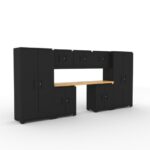 CAT garage storage cabinet set with 2 lockers, 3 wall cabinets, 2 base cabinets and 84 inch worktop