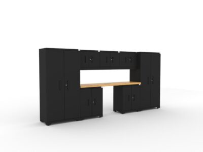 CAT garage storage cabinet set with 2 lockers, 3 wall cabinets, 2 base cabinets and 84 inch worktop