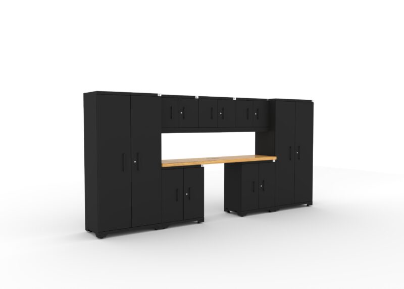 Ensemble de cabinets de rangement pour garage CAT avec 2 casiers, 3 cabinets muraux, 2 cabinets de base et un plan de travail de 84 pouces