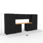CAT garage storage cabinet set with 2 lockers, 3 wall cabinets, 2 tool cabinets and 84 inch worktop