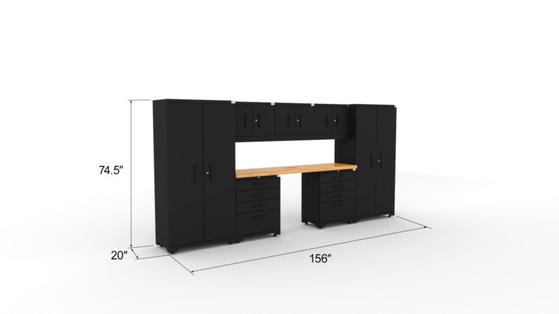 CAT garage storage cabinet set with 2 lockers, 3 wall cabinets, 2 tool cabinets and 84 inch worktop