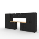 CAT garage storage cabinet set with 2 lockers, 3 wall cabinets, 2 tool cabinets and 84 inch worktop