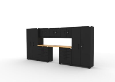 CAT FWSETY left CAT garage storage cabinet set with 2 lockers, 3 wall cabinets, 2 tool cabinets and 84 inch worktop