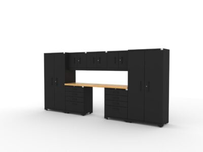 CAT garage storage cabinet set with 2 lockers, 3 wall cabinets, 2 tool cabinets and 84 inch worktop