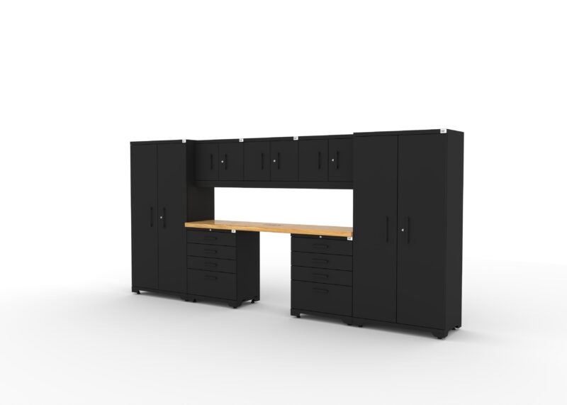 CAT garage storage cabinet set with 2 lockers, 3 wall cabinets, 2 tool cabinets and 84 inch worktop