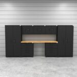 CAT garage storage cabinet set with 2 lockers, 3 wall cabinets, 2 tool cabinets and 84 inch worktop