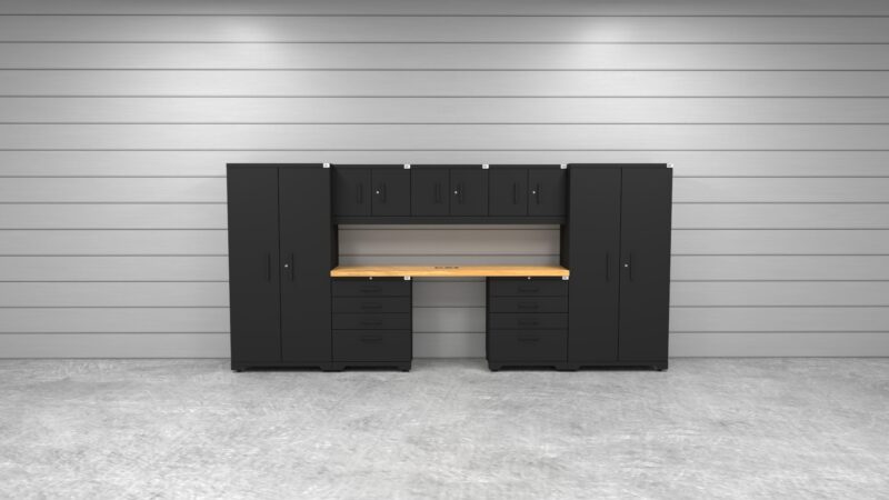 CAT garage storage cabinet set with 2 lockers, 3 wall cabinets, 2 tool cabinets and 84 inch worktop