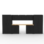 CAT garage storage cabinet set with 2 lockers, 3 wall cabinets, 2 tool cabinets and 84 inch worktop