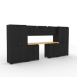 CAT garage storage cabinet set with 2 lockers, 3 wall cabinets, 2 tool cabinets and 84 inch worktop