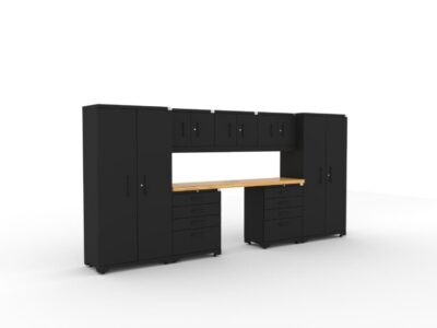 CAT garage storage cabinet set with 2 lockers, 3 wall cabinets, 2 tool cabinets and 84 inch worktop