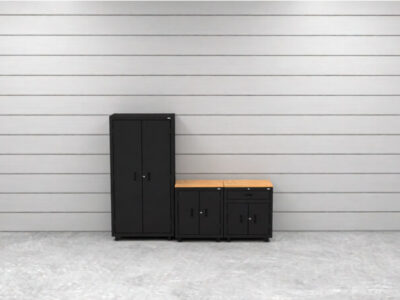 Cat garage storage cabinet set with 1 locker, 1 base cabinet and 1 drawer base cabinet