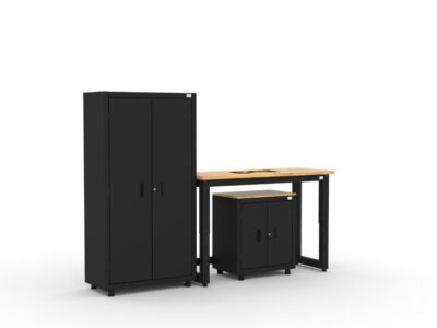 CAT storage cabinet set with 1 locker, 1 wall cabinet and 48 inch workbench