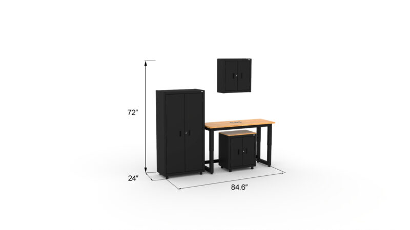 CAT RTASETI dims CAT garage storage cabinets with wall cabinet, base cabinet, shelving unit and 48 inch workbench