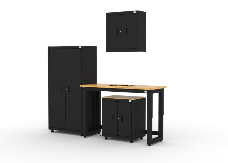 CAT RTASETI left CAT garage storage cabinets with wall cabinet, base cabinet, shelving unit and 48 inch workbench