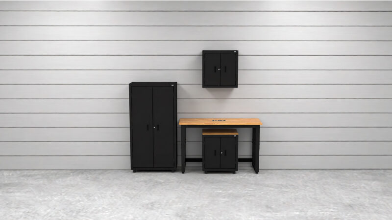 CAT RTASETI lifestyle CAT garage storage cabinets with wall cabinet, base cabinet, shelving unit and 48 inch workbench