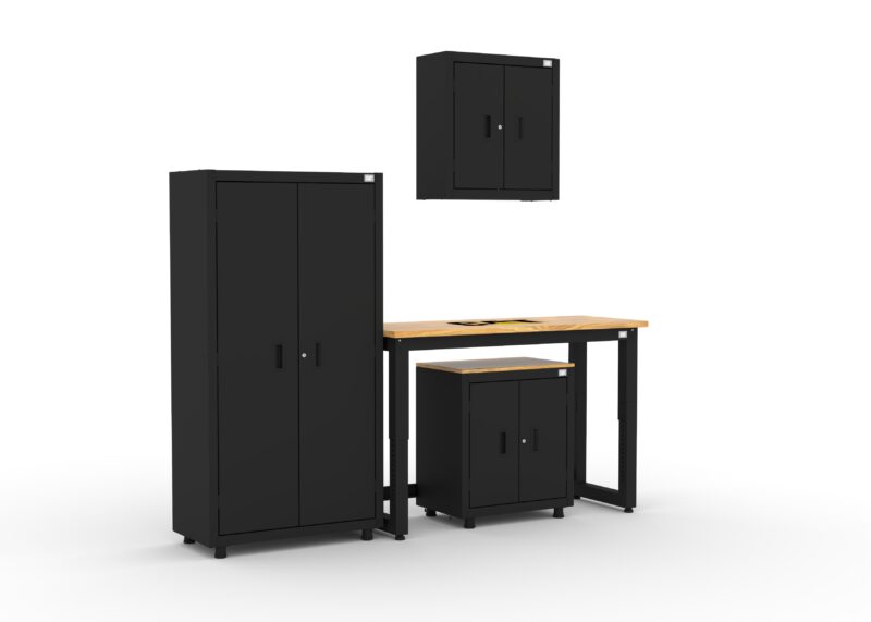 CAT RTASETI right CAT garage storage cabinets with wall cabinet, base cabinet, shelving unit and 48 inch workbench