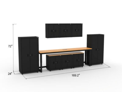 CAT storage cabinet set with 2 lockers, 3 wall cabinets, 3 base cabinets and 96 inch workbench