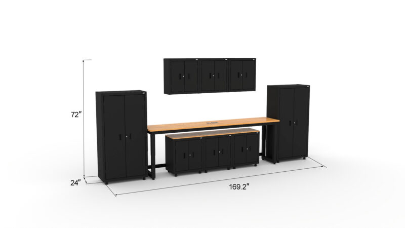 CAT RTASETP dims CAT storage cabinet set with 2 lockers, 3 wall cabinets, 3 base cabinets and 96 inch workbench
