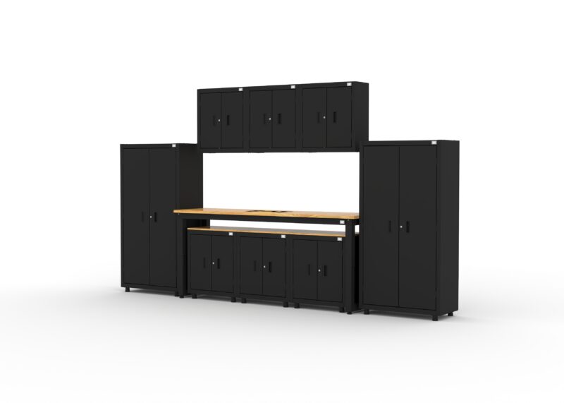 CAT RTASETP left CAT storage cabinet set with 2 lockers, 3 wall cabinets, 3 base cabinets and 96 inch workbench
