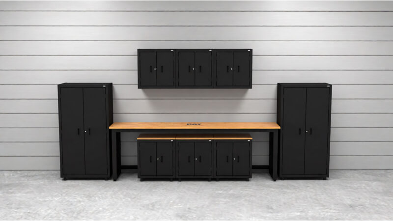 CAT RTASETP lifestyle CAT storage cabinet set with 2 lockers, 3 wall cabinets, 3 base cabinets and 96 inch workbench