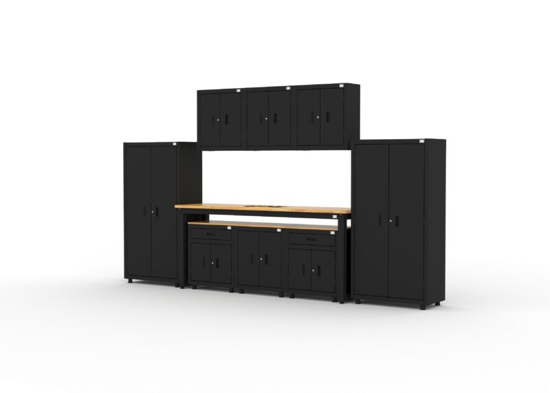 CAT RTASETQ left Garage storage cabinets with 2 lockers, 3 wall cabinets, 1 base cabinet, 2 drawer-base cabinets and 96 inch workbench