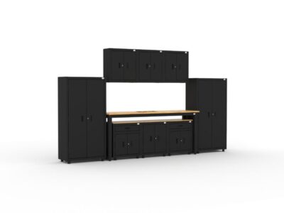 Garage storage cabinets with 2 lockers, 3 wall cabinets, 1 base cabinet, 2 drawer-base cabinets and 96 inch workbench