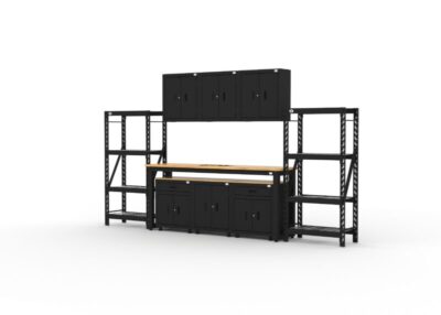 Armoires de rangement de garage avec 2 étagères, 3 armoires murales, 1 armoire basse, 2 armoires basses à tiroirs et établi de 2,44 m