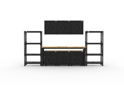 Armoires de rangement de garage avec 2 étagères, 3 armoires murales, 1 armoire basse, 2 armoires basses à tiroirs et établi de 2,44 m