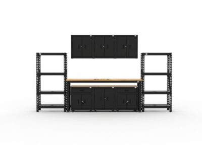 Armoires de rangement de garage avec 2 étagères, 3 armoires murales, 1 armoire basse, 2 armoires basses à tiroirs et établi de 2,44 m
