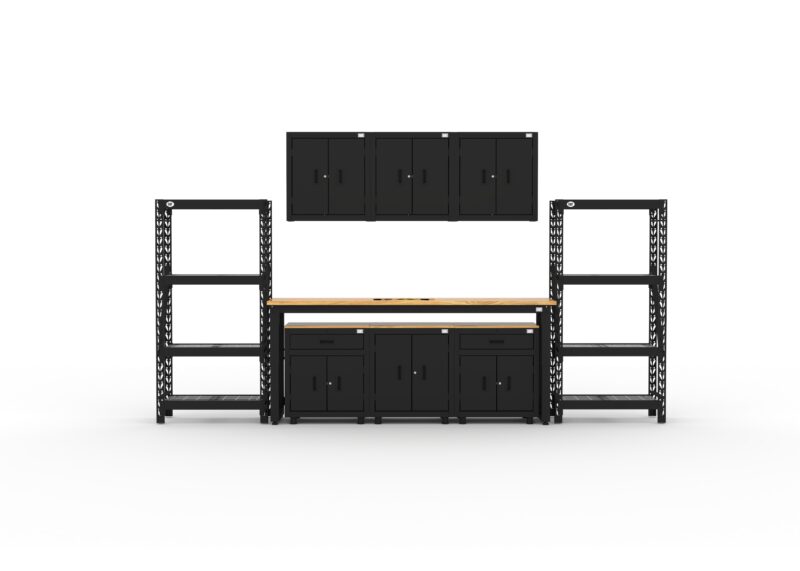 Armoires de rangement de garage avec 2 étagères, 3 armoires murales, 1 armoire basse, 2 armoires basses à tiroirs et établi de 2,44 m