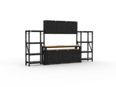 Garage storage cabinets with 2 shelving units, 3 wall cabinets, 1 base cabinet, 2 drawer-base cabinets and 96 inch workbench