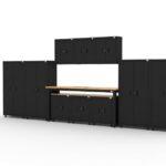 Garage storage cabinets with 2 shelving units, 3 wall cabinets, 1 base cabinet, 2 drawer-base cabinets and 96 inch workbench