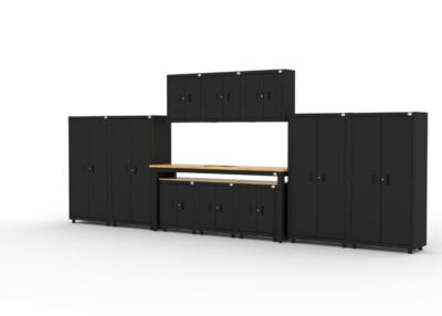 CAT RTASETS left Garage storage cabinets with 2 shelving units, 3 wall cabinets, 1 base cabinet, 2 drawer-base cabinets and 96 inch workbench
