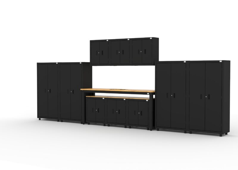 CAT RTASETS left Garage storage cabinets with 2 shelving units, 3 wall cabinets, 1 base cabinet, 2 drawer-base cabinets and 96 inch workbench