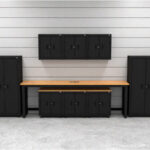 Garage storage cabinets with 2 shelving units, 3 wall cabinets, 1 base cabinet, 2 drawer-base cabinets and 96 inch workbench