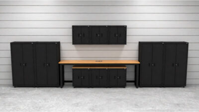 CAT RTASETS lifestyle Garage storage cabinets with 2 shelving units, 3 wall cabinets, 1 base cabinet, 2 drawer-base cabinets and 96 inch workbench