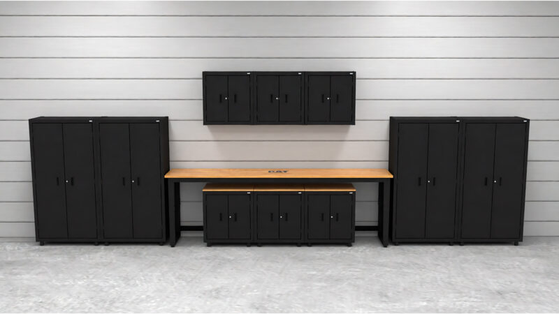 CAT RTASETS lifestyle Garage storage cabinets with 2 shelving units, 3 wall cabinets, 1 base cabinet, 2 drawer-base cabinets and 96 inch workbench