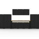 Garage storage cabinets with 2 shelving units, 3 wall cabinets, 1 base cabinet, 2 drawer-base cabinets and 96 inch workbench